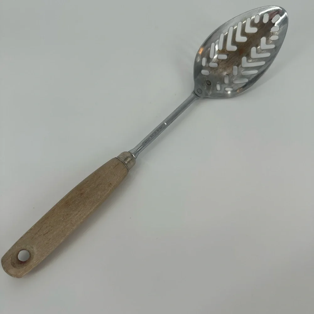 Vintage Ekco Slotted Spoon Approximately 12 inch Wooden Handle Chrome Plated